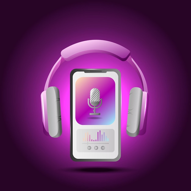 Smartfon z koncepcją podcastów z aplikacją do słuchania podcastów na ekranie słuchawek i mikrofonu