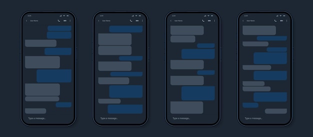 Smartfon z trybem nocnym ekranu czatu komunikatora Zestaw bąbelków szablonu SMS Ilustracja wektora