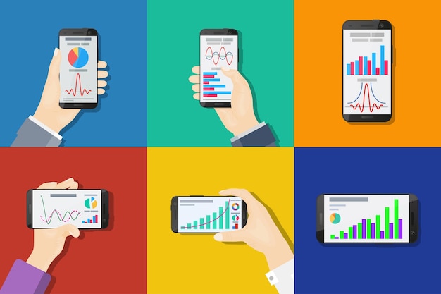 Plik wektorowy smartfony w rękach na kolorowym tle płaska konstrukcja infografika