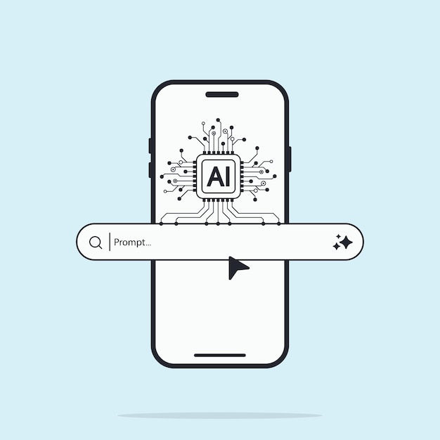 Smartphone screen with chip processor and AI generative bar AI Assistant Concept of Artificial Intelligence Input prompt as commands for analyzing data and generating idea Vector illustration