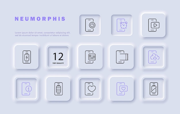 Smartphone zamknąć ustawić ikonę linii jedzenie ładowanie wiadomości randki aplikacje wideo hostowanie budzik styl Neomorphism ikonę linii wektorowej dla biznesu i reklamy