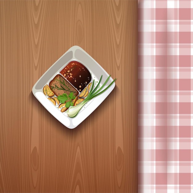 Plik wektorowy smażone ziemniaki w stylu rustykalnym z zieloną cebulką i czarnym pieczywem. frytki na drewnianym stole z obrusem w kratkę. ilustracja wektorowa