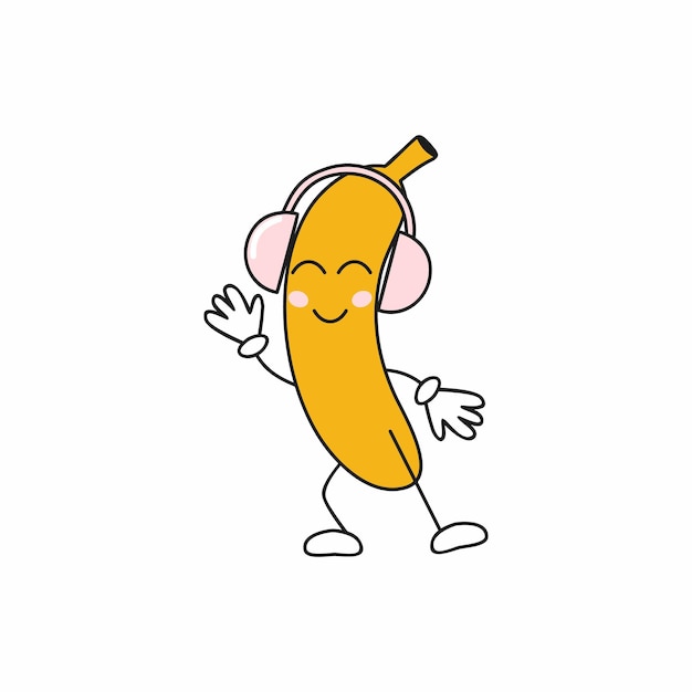 Śmieszna Buźka Banana W Słuchawkach Tańczy Do Muzyki. Emotikony Owocowe Z Różnymi Emocjami. Wypoczynek I Relaks. Ilustracja Kreskówka Dla Dzieci.