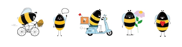 Śmieszna pszczoła dostarcza artykuły spożywcze, kwiaty i inne towary. Ilustracja jest ręcznie rysowana z zakrzywionym l