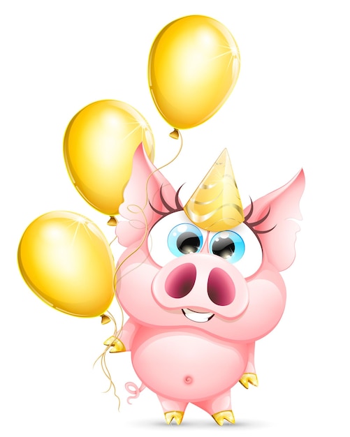 Śmieszna różowa kreskówka świnia dziewczyna ze złotymi kopytami, czapką urodzinową i balonami