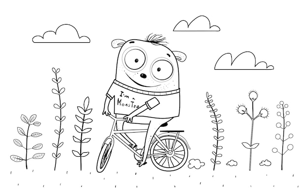 Śmieszne dzieci potwora jeżdżące na rowerze w naturze z kwiatami Dzieci kolorowanki zarys kreskówki