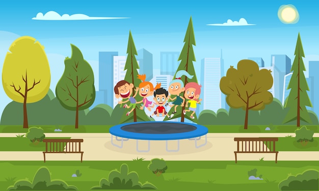 Plik wektorowy Śmieszne dzieci wskakują na trampolinę w parku miejskim.