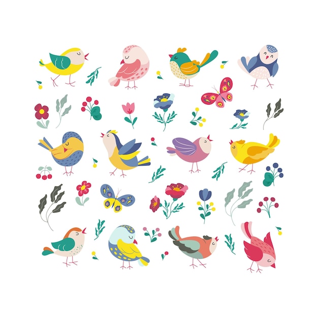 Śmieszne Kolorowe Ptaki Motyle I Kwiaty Zestaw Kolekcja Ptaków Egzotycznych Ilustracja Wektorowa