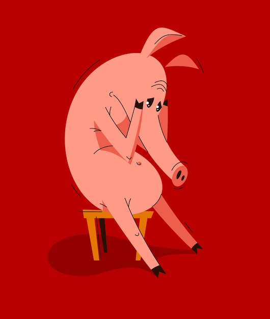 Plik wektorowy Śmieszne kreskówki świnia zdenerwowany i przygnębiony siedzący i płaczący ilustracji wektorowych, o dramat, rysunek świń postaci zwierząt.