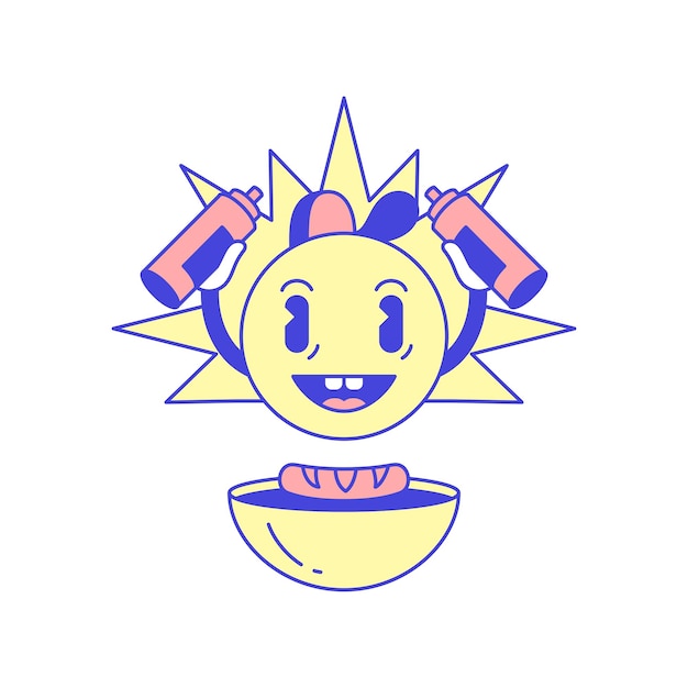 Plik wektorowy Śmieszne słońce nastolatek jedzenie kiełbasek z sosem postać z kreskówki retro 30s animacja styl ikona wektor płaski ilustracja ładny uśmiech lato słoneczny maskotka fast food gotowanie miska zarys emotikon