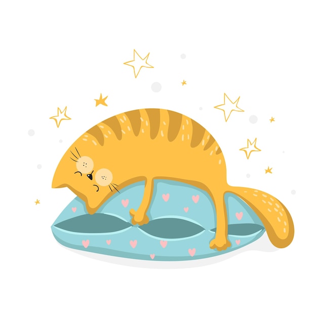 Śmieszny Kot śpiący Na Niebieskiej Poduszce, Ilustracja Wektorowa Eps 10