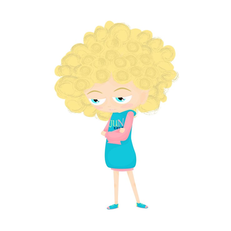 Wektor smutna dziewczyna o niebieskich oczach i blond włosach. ilustracja wektorowa.