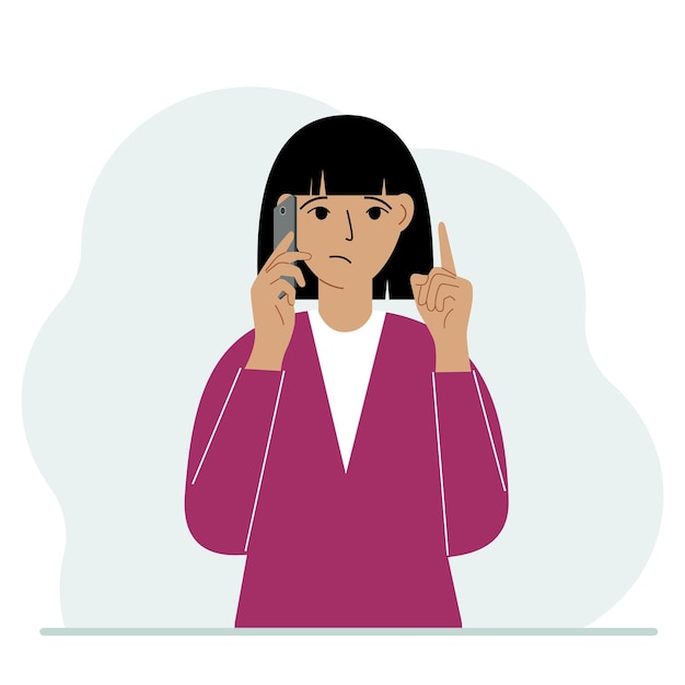 Smutna Kobieta Rozmawia Przez Telefon Komórkowy Z Emocjami. Jedna Ręka Z Telefonem, Druga Z Palcem Wskazującym W Górę. Płaskie Ilustracji Wektorowych