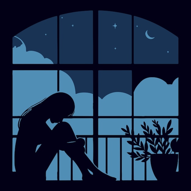 Plik wektorowy smutna kobieta siedząca na balkonie w pobliżu okna w nocy ilustracja wektorowa