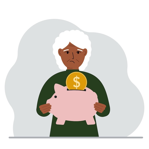 Plik wektorowy smutna stara kobieta trzyma skarbonkę moneta wpada do skarbonki koncepcja oszczędzania finansów oszczędności inwestowania finansów
