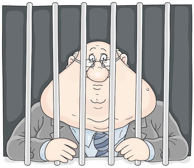 Plik wektorowy smutny skorumpowany urzędnik z kwaśną miną siedzący za kratkami w więzieniu