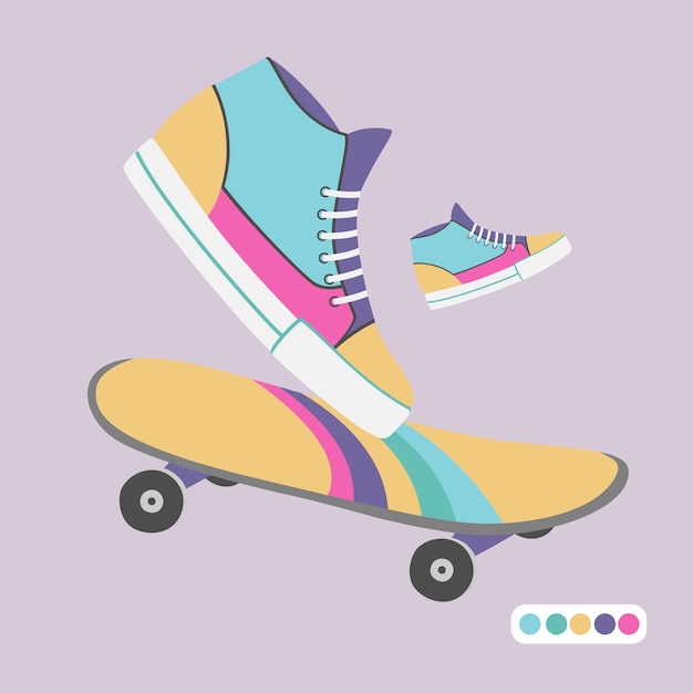 Sneakers i deskorolki w stylu lat 90. Ilustracja w stylu lat dziewięćdziesiątych w płaskim projekcie