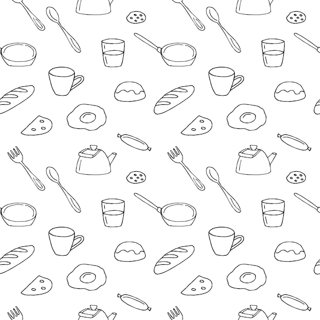 Plik wektorowy Śniadanie bezszelestny wzór jedzenia i naczyń ilustracja wektorowa ręcznie narysowane rysunki