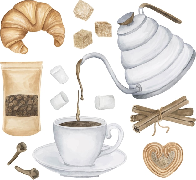 Śniadaniowa kawa akwarelowa ilustracja Kawa wlewa się do