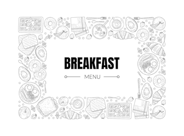Śniadaniowy menu Banner szablon Poranne potrawy Ramy ręcznie narysowane ilustracje wektorowe