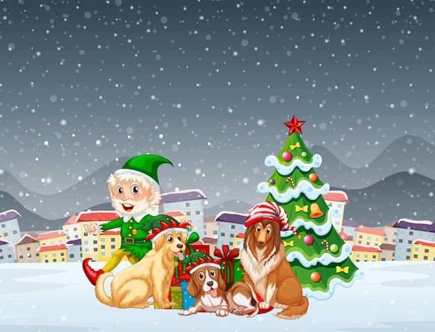 Śnieżna świąteczna Scena Nocna Z Grupą Elfów I Psów