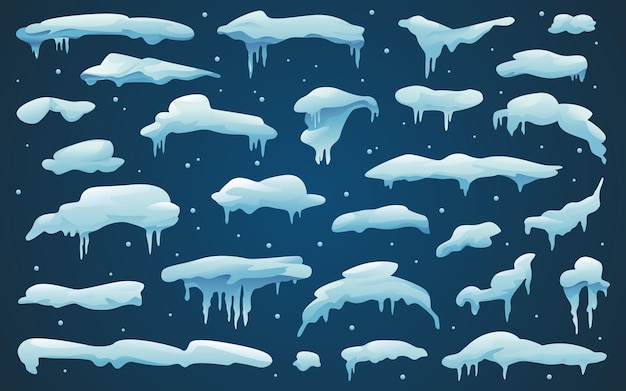 Śnieżne czapki i śnieżny lód mrożone sople i płatki śniegu wektor izolowane ikony kreskówek ustawione abstrakcyjne