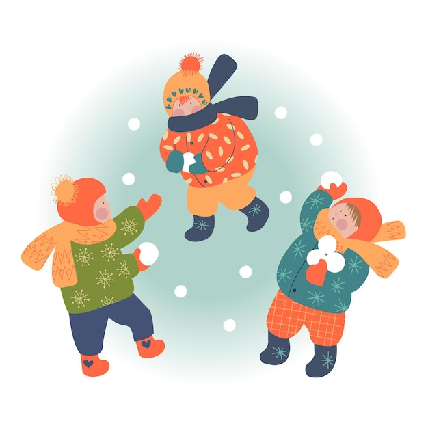 Plik wektorowy Śnieżny dzień zimowy krajobraz bożonarodzeniowy dzieci bawiące się w śnieżki