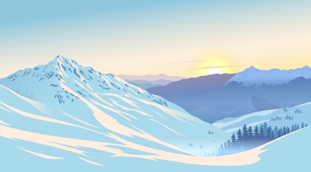 Śnieżny górski krajobraz o wschodzie słońca w sezonie zimowym ilustracja wektorowa