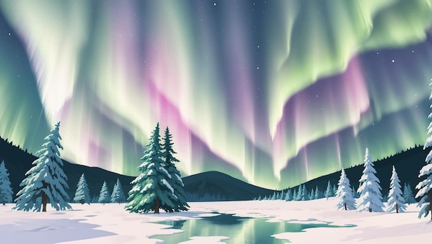 Plik wektorowy Śnieżny krajobraz z sosnami i zorzą polarną aurora ręcznie rysowane malarstwo ilustracja