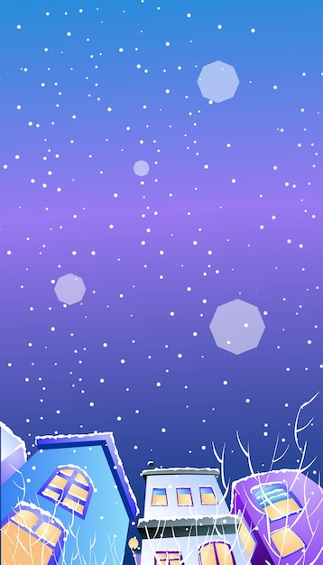 Plik wektorowy Śnieżny zimowy krajobraz nocny, nocne niebo i małe domy ilustracja