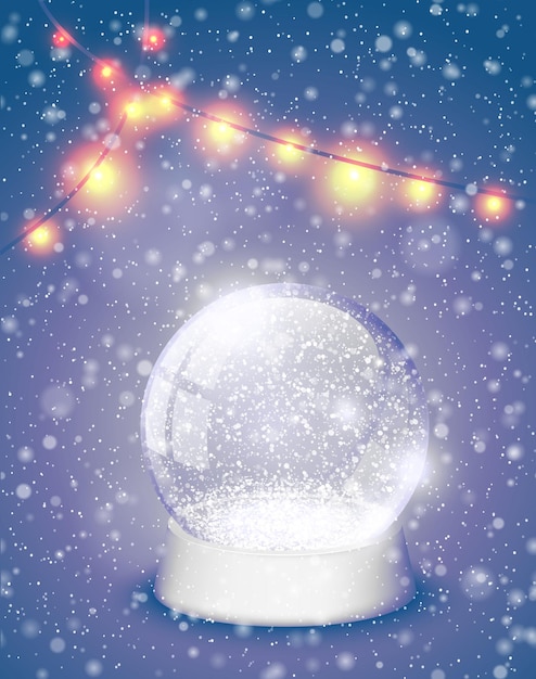 Snow globe Boże Narodzenie magiczna kula z żółtym tle światła. Ilustracja wektorowa kartkę z życzeniami Xmas snowglobe. Zima w szklanej kuli, kryształ kopuła śnieżynka retro fioletowe tło.
