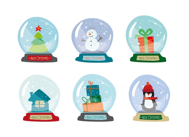 Plik wektorowy snow globe christmas set xmas kolekcja śnieżki w stylu doodle nowy rok dekoracji ręcznie rysowane