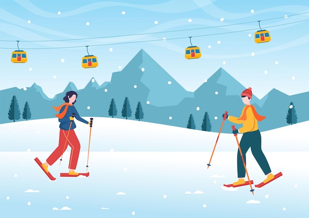 Snowboard Ręcznie Rysowane Płaskie Ilustracja Kreskówka Z Snowboardów Po Stronie Snowy Mountain Lub Stokach