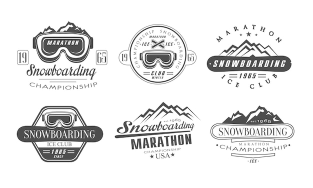 Plik wektorowy snowboarding championship marathon retro logo templates set ice club vintage monochrome labels ilustracja wektorowa na białym tle