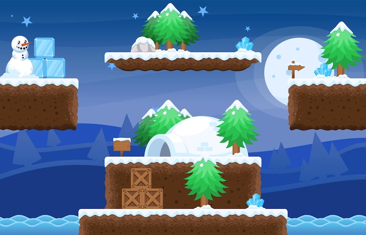 Wektor snowy christmas platformer gra tileset