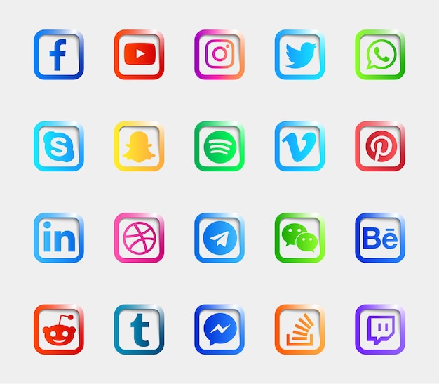 Social media logo błyszczące przyciski ikony zestaw kolekcji