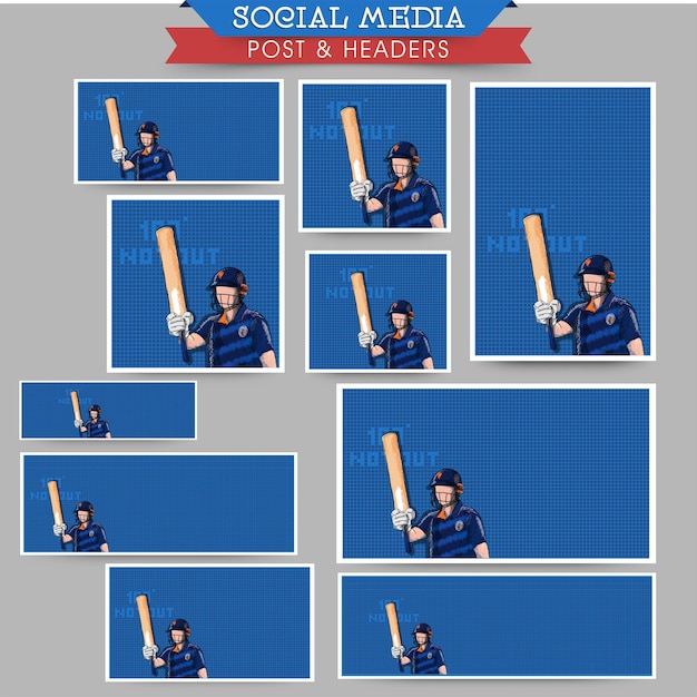 Social Media Post I Nagłówek Projekt Zestaw Z Doodle Cricket Batter Player Na Niebieskim Tle Siatki.