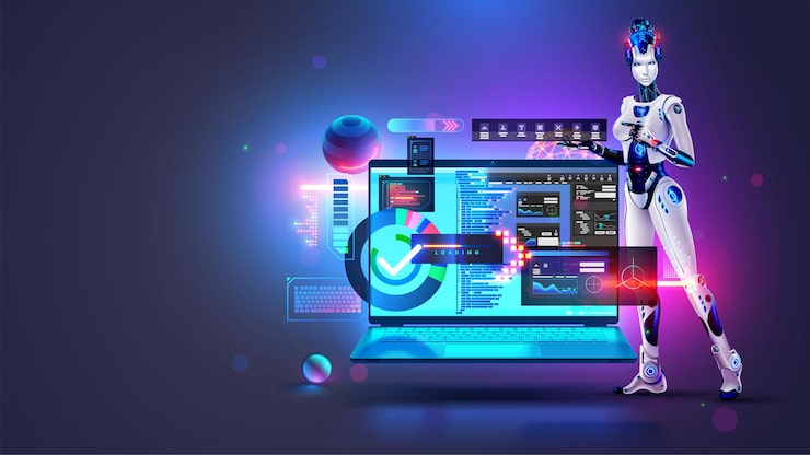 Wektor software development with help ai coding or programming app artificial intelligence online chat bot automatization create software develop robot or cyborg woman with ai teaching coding on laptop