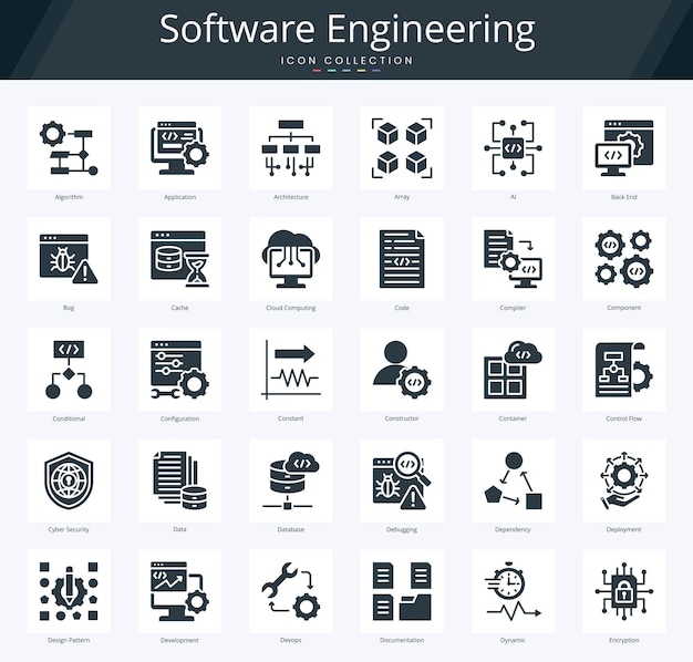 Software engineering glyph icon pack dla devops i rozwoju programowania