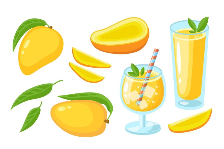 Sok z mango, koktajl, plasterek, całość z zestawem liści i kawałków na białym tle. Element logo soku lub dżemu. Płaskie ilustracji wektorowych owoców tropikalnych. Projekt do druku, banera, tła, opakowania