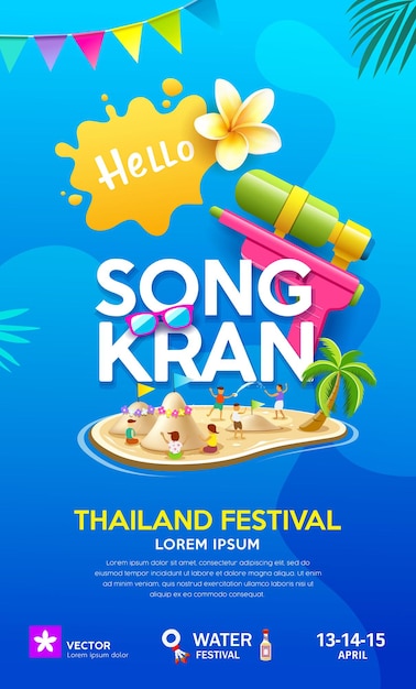 Songkran Day Tajlandia Festiwal Pistolet Na Wodę I Dziecko Bawiące Się Piaskiem Pagoda Letni Projekt Ulotki