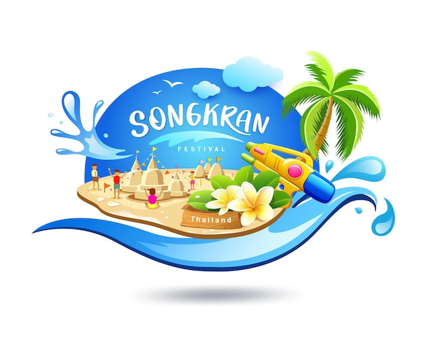 Songkran Day Tajlandia Festiwal Watersplash I Dziecko Bawiące Się Piaskiem W Tle Koncepcji Projektu Pagody