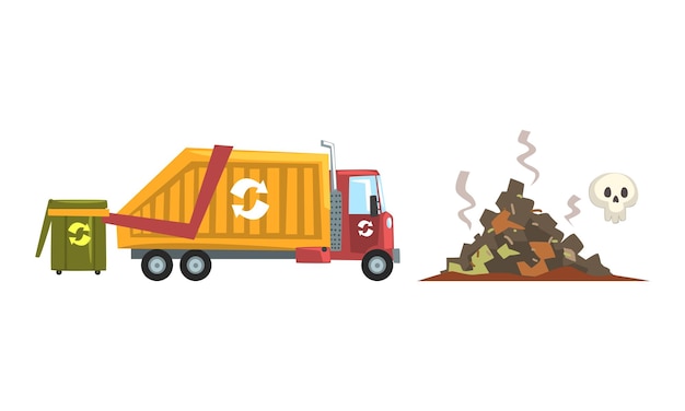 Sortowanie odpadów i recykling śmieci za pomocą ciężarówki do zbierania odpadów i zestawu wektorów śmieci