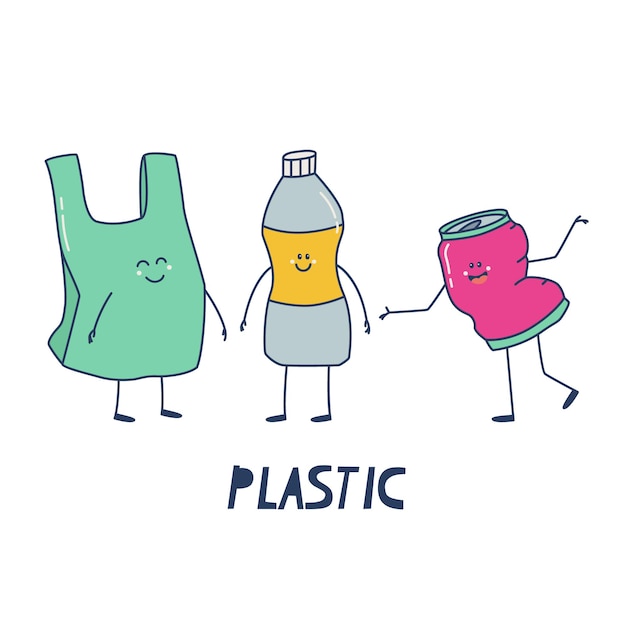 Plik wektorowy sortowanie odpadów z tworzyw sztucznych plastikowe torby butelek i puszek śmieszne obiekty z ramionami nogi i twarze wektor cute samodzielnie na białym tle ilustracja do projektowania