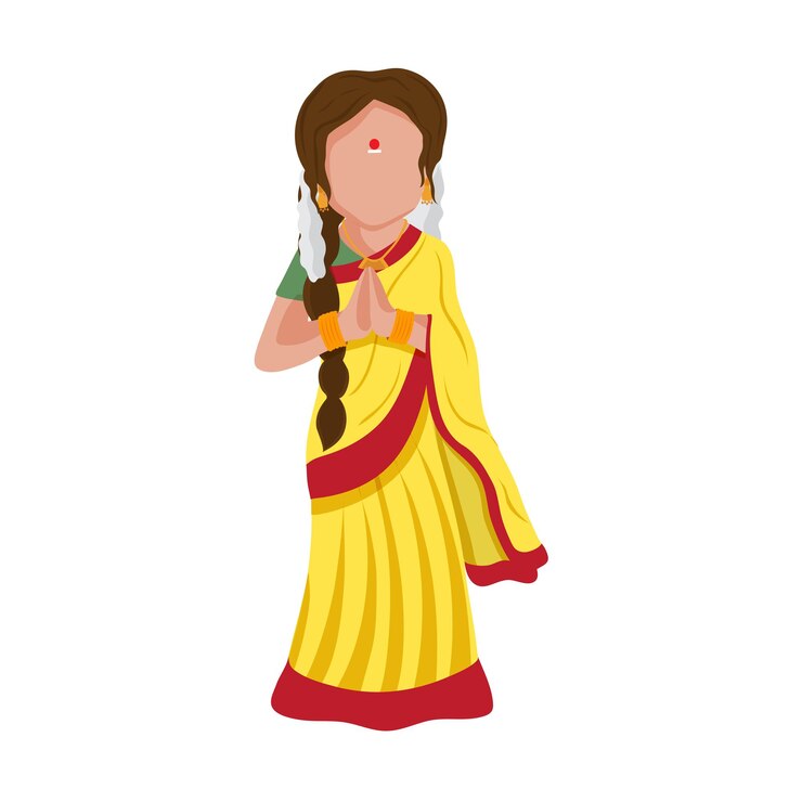 Wektor south indian młoda dama robi namaste (pozdrawiam) na białym tle.