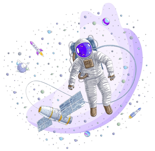Spaceman lecący na otwartej przestrzeni połączony ze stacją kosmiczną, astronauta mężczyzna lub kobieta unoszący się w kosmosie i statek kosmiczny iss otoczony rakietami, gwiazdami i innymi elementami. Ilustracja wektorowa na białym tle.
