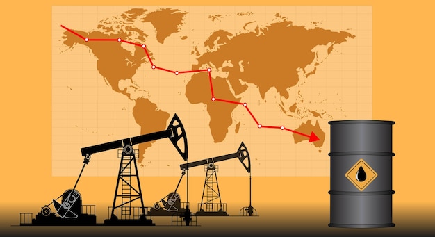 Spadki Cen Ropy, Recesja, Baner Ze Strzałką I Platformy Wiertnicze Na Tle Mapy świata. Ilustracja Wektorowa