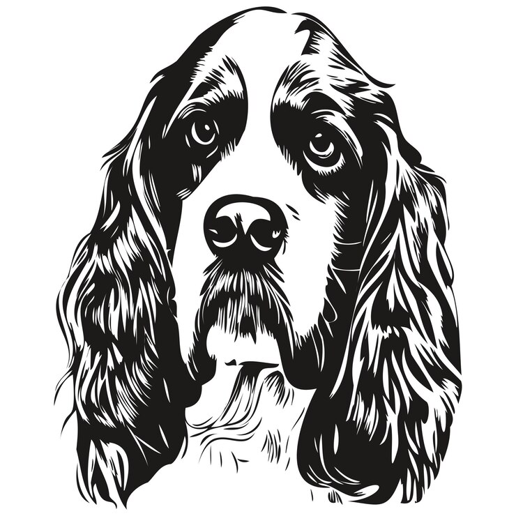 Wektor spaniel angielski springer pies ręcznie rysowane grafiki liniowej wektor rysunek czarno-białe logo zwierzęta ilustracja