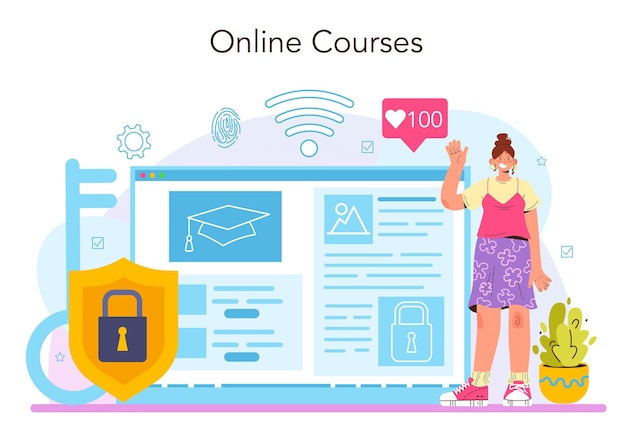 Specjalistyczna usługa lub platforma internetowa w zakresie cyberbezpieczeństwa. Bezpieczeństwo danych cyfrowych i baz danych, zapobieganie cyberatakom. Kurs online. Płaska ilustracja wektorowa
