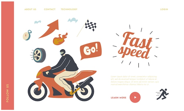 Speed Racing, Motocross Rally Landing Page Szablon. Biker Męski Charakter W Kasku Jazda Motocyklem Wziąć Udział W Turnieju. Człowiek Motocyklista Ekstremalna Aktywność. Liniowa Ilustracja Wektorowa